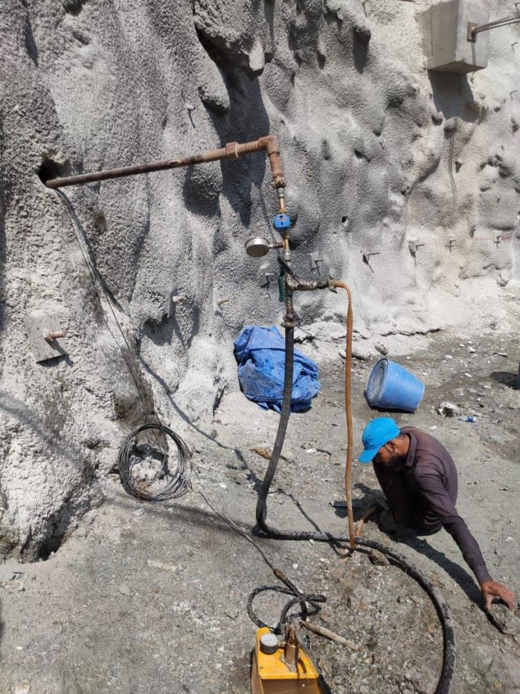 Water Pressure Test of the Redrilled holes at EL 1509 m in Power Intake area (3&4) for Installation of Cable tendons (120MT Capacity) is in progress