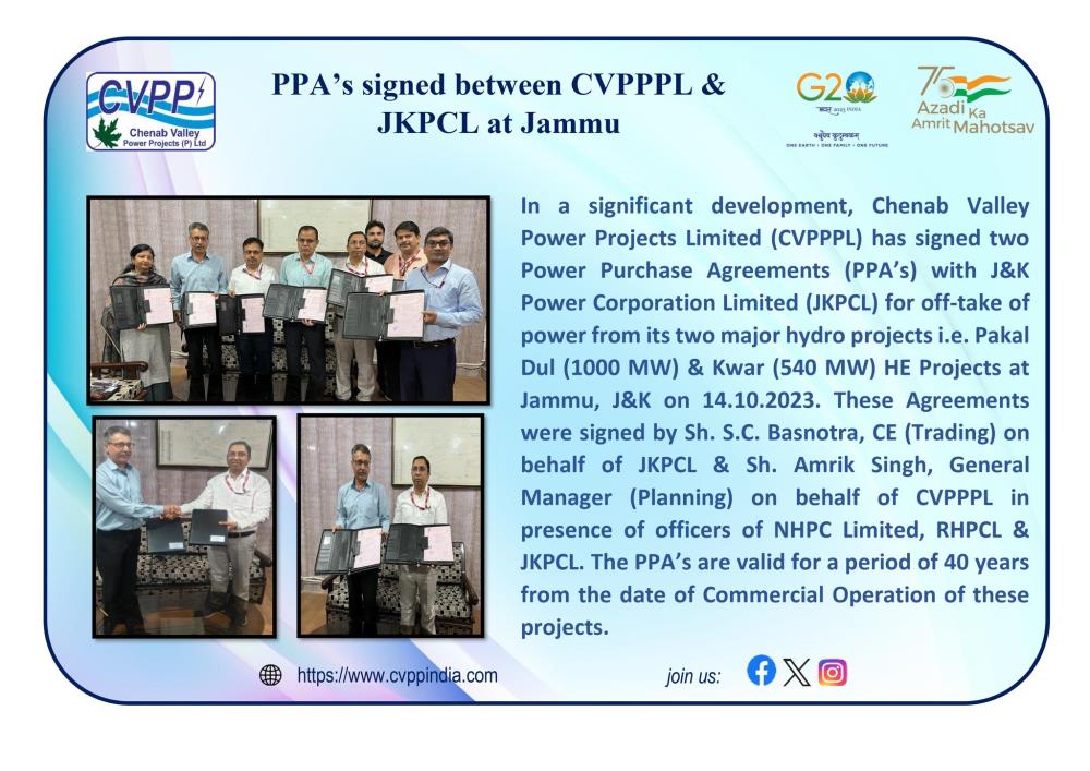 PPA’s signed between CVPPPL & JKPCL at Jammu