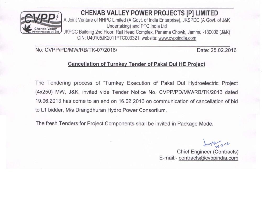 Cancellation of TurnkeyTender of Pakal Dul HE Pro...