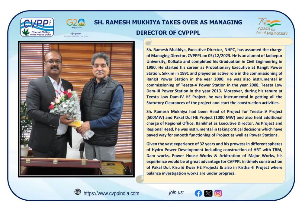 SH. RAMESH MUKHIYA TAKES OVER AS MANAGING DIRECTO...