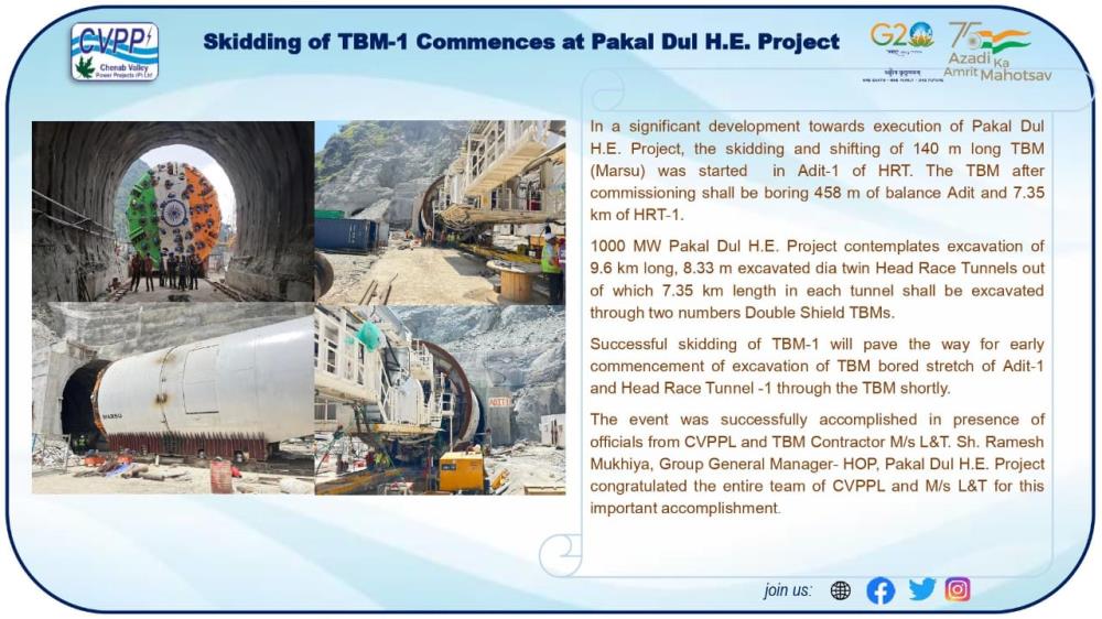 Skidding of TBM-1 commences at Pakal Dul H. E. Pr...