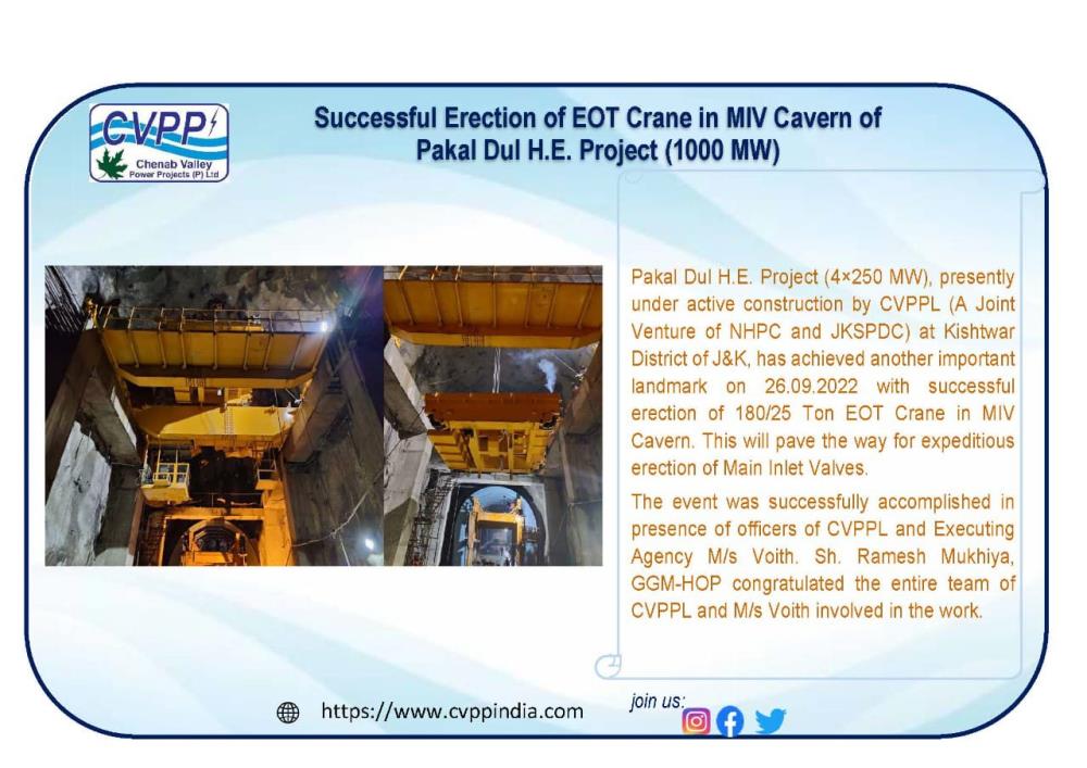 Successful Erection of EOT Crane in MIV Cavern of...