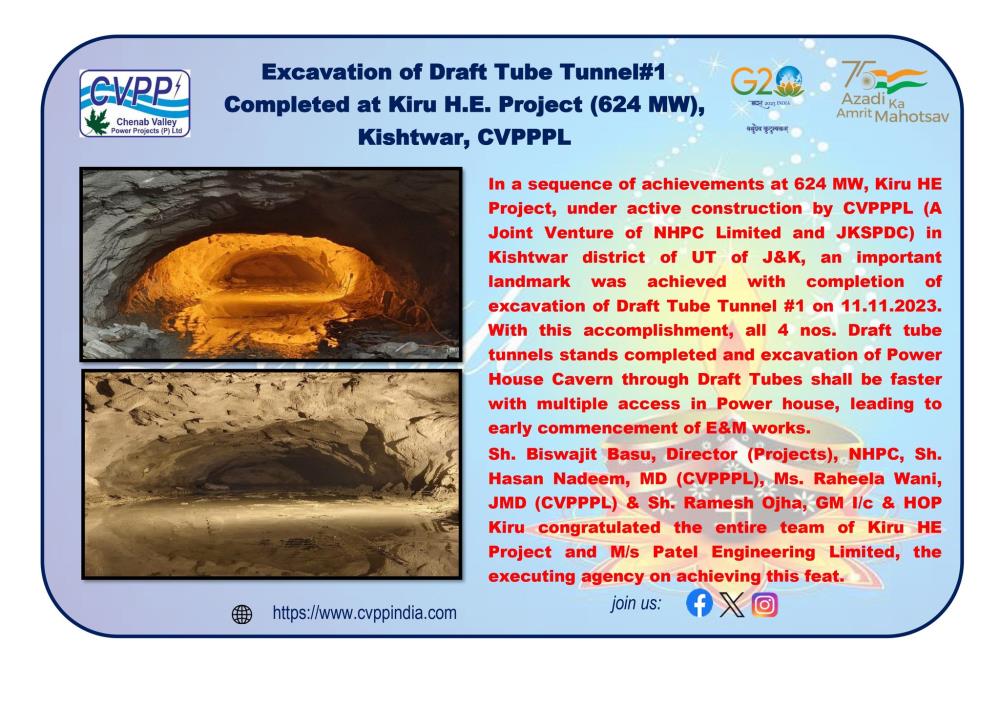 Excavation of Draft Tube Tunnel#1 Completed at Ki...